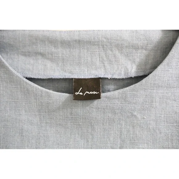 Le Muse Blue Linen Blend Short Sleeve Dress with Bow Accent Size S
